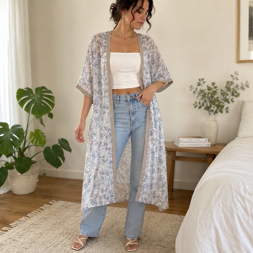 BCBGeneration Floral Kimono Wrap Sheer Blue Grey Watercolor Longline Cover Up